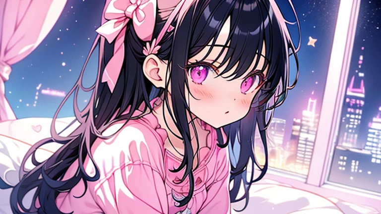 Imagem de room of . Close up of the girl.  with black hair and purple eyes sitting on the bed, wearing pink teddy bear pajamas, Listening to music with headphones. styled: custom cartoon. soft, warm lighting, pastel cores. Hot pink and shades of pink, with sky blue complements. Background Scenario: large window with city view at night, starry sky. Key words: digitl art, kawaii style, room of , feminine decoration, pastel cores