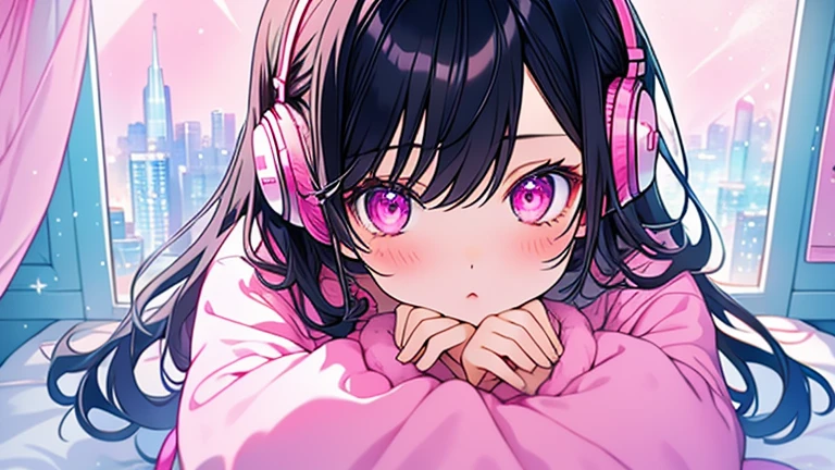 Imagem de room of . Close up of the girl. with black hair and purple eyes sitting on the bed, wearing pink teddy bear pajamas, Listening to music with headphones. styled: custom cartoon. soft, warm lighting, pastel cores. Hot pink and shades of pink, with sky blue complements. Background Scenario: large window with city view at night, starry sky. Key words: digitl art, kawaii style, room of , feminine decoration, pastel cores