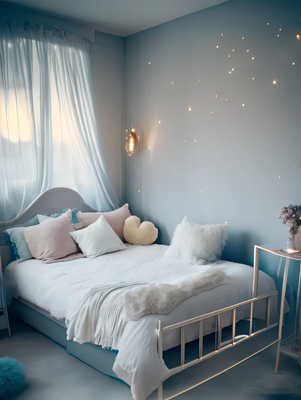 a dreamy bedroom, foggy, soft focus, cool lighting, muted pastel colors, glowing atmosphere, dramatic shadows, cinematic composition, dream-like quality, ethereal, romantic, soft focus photography, golden hour, midnight, windy, white marble, whimsical, hazy, ethereal