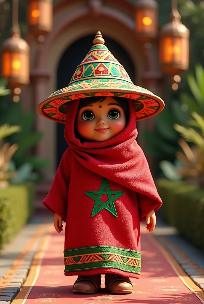 Cute Morocco flag emoji wearing traditional Berber costume and traditional hat in a realistic full body fashion show