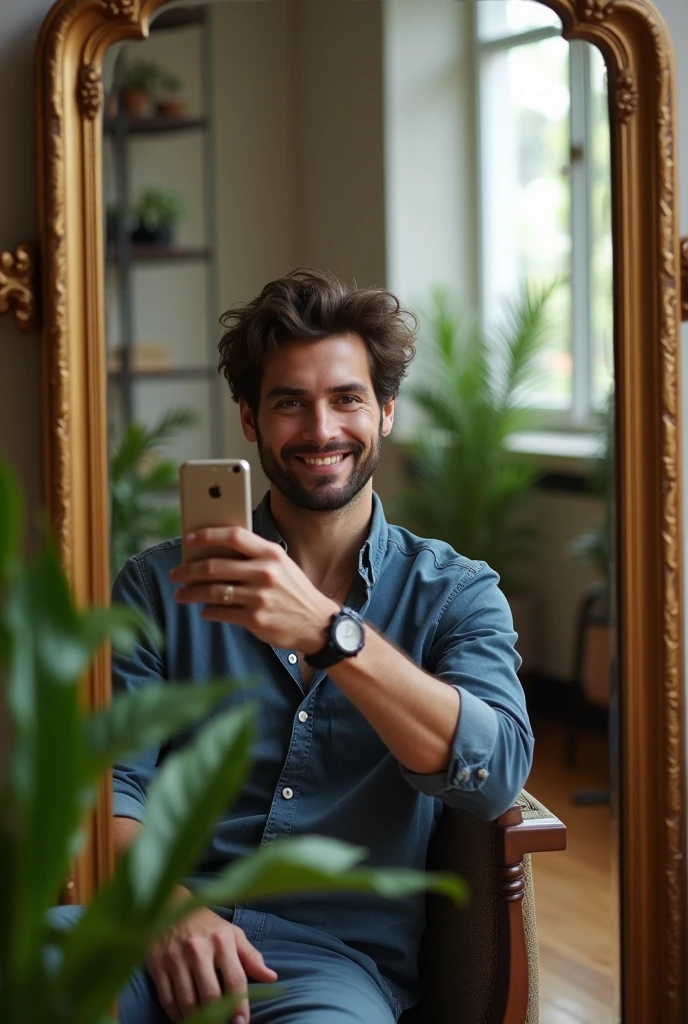 Homme selfie assis devant le miroir