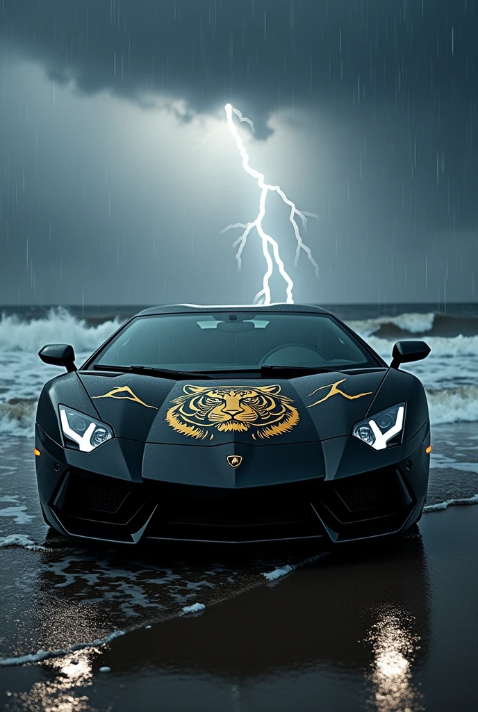 In a circle black Lamborghini with gold tiger stickers In an ocean background and a sky in lightning and dark water rain and a dark black sky with a low angle view and bright headlights