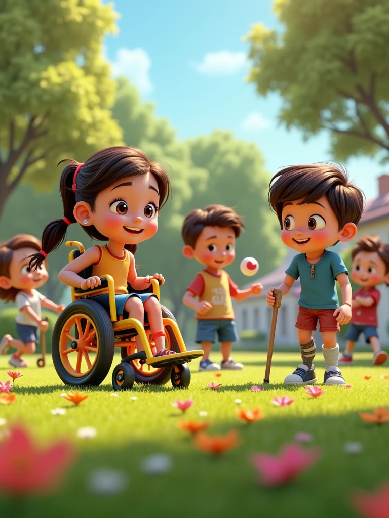 Create an image in the style of Disney Pixar for a campaign about Disability Awareness Week. The scene should feature a group of characters, each with different disabilities, depicted in a joyful and vibrant setting. Include characters with a wheelchair, a white cane, a hearing aid, and a prosthetic limb, all with expressive, happy faces. The characters should be animated with the classic Disney Pixar style—large, bright eyes, exaggerated facial expressions, and soft, rounded features. They should be interacting in a lively environment like a colorful park or a cheerful community space, engaging in activities such as playing games, laughing, and sharing stories. The overall mood should be one of happiness, inclusion, and celebration, with warm, bright colors and dynamic poses.