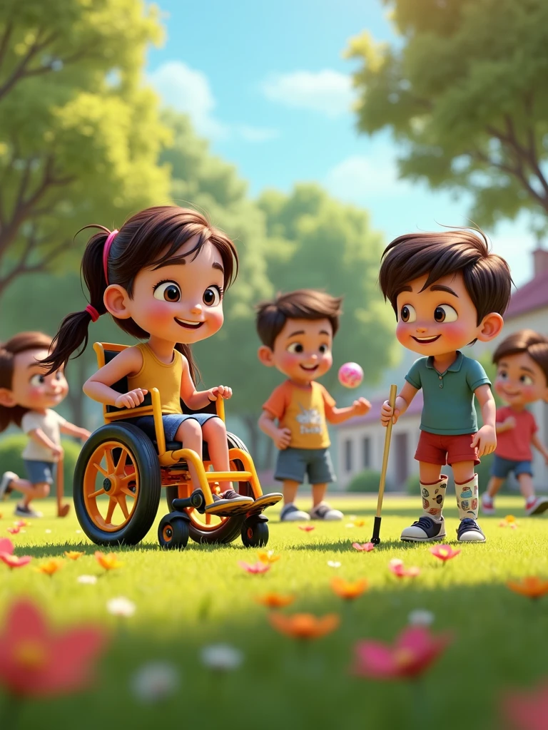 Create an image in the style of Disney Pixar for a campaign about Disability Awareness Week. The scene should feature a group of characters, each with different disabilities, depicted in a joyful and vibrant setting. Include characters with a wheelchair, a white cane, a hearing aid, and a prosthetic limb, all with expressive, happy faces. The characters should be animated with the classic Disney Pixar style—large, bright eyes, exaggerated facial expressions, and soft, rounded features. They should be interacting in a lively environment like a colorful park or a cheerful community space, engaging in activities such as playing games, laughing, and sharing stories. The overall mood should be one of happiness, inclusion, and celebration, with warm, bright colors and dynamic poses.