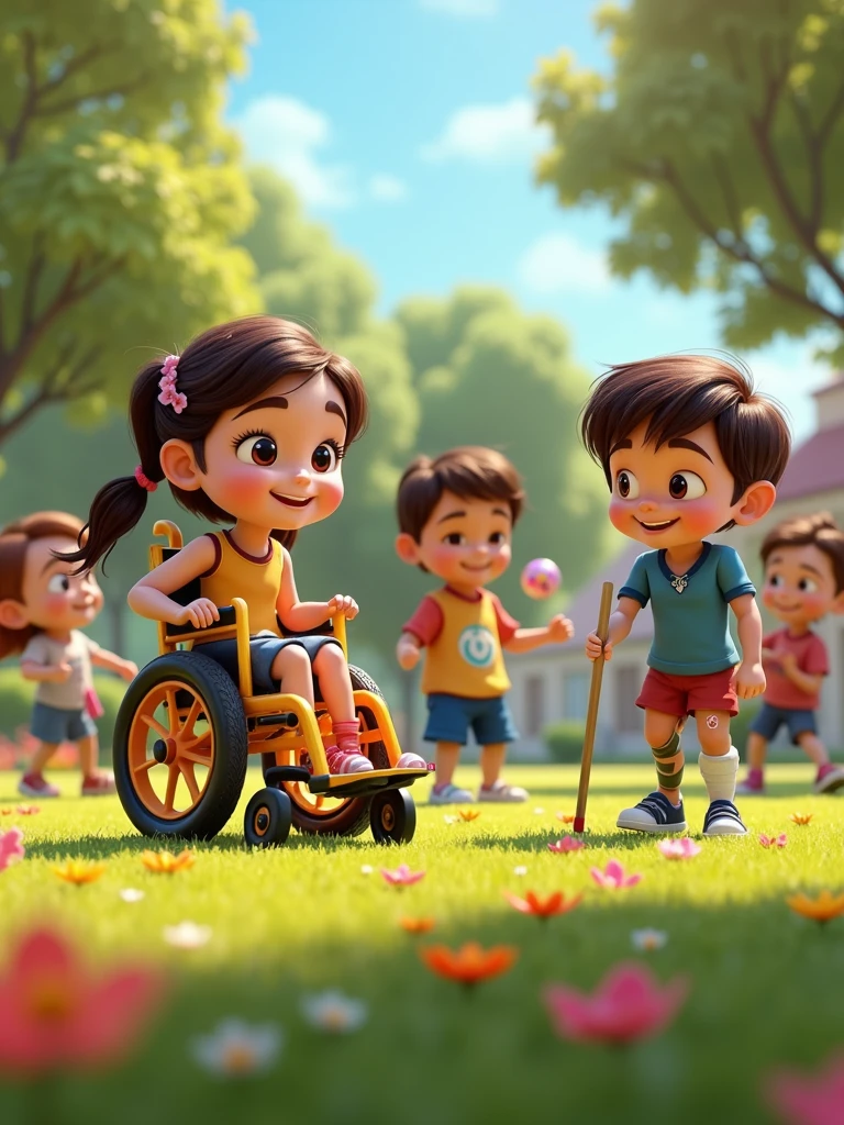 Create an image in the style of Disney Pixar for a campaign about Disability Awareness Week. The scene should feature a group of characters, each with different disabilities, depicted in a joyful and vibrant setting. Include characters with a wheelchair, a white cane, a hearing aid, and a prosthetic limb, all with expressive, happy faces. The characters should be animated with the classic Disney Pixar style—large, bright eyes, exaggerated facial expressions, and soft, rounded features. They should be interacting in a lively environment like a colorful park or a cheerful community space, engaging in activities such as playing games, laughing, and sharing stories. The overall mood should be one of happiness, inclusion, and celebration, with warm, bright colors and dynamic poses.