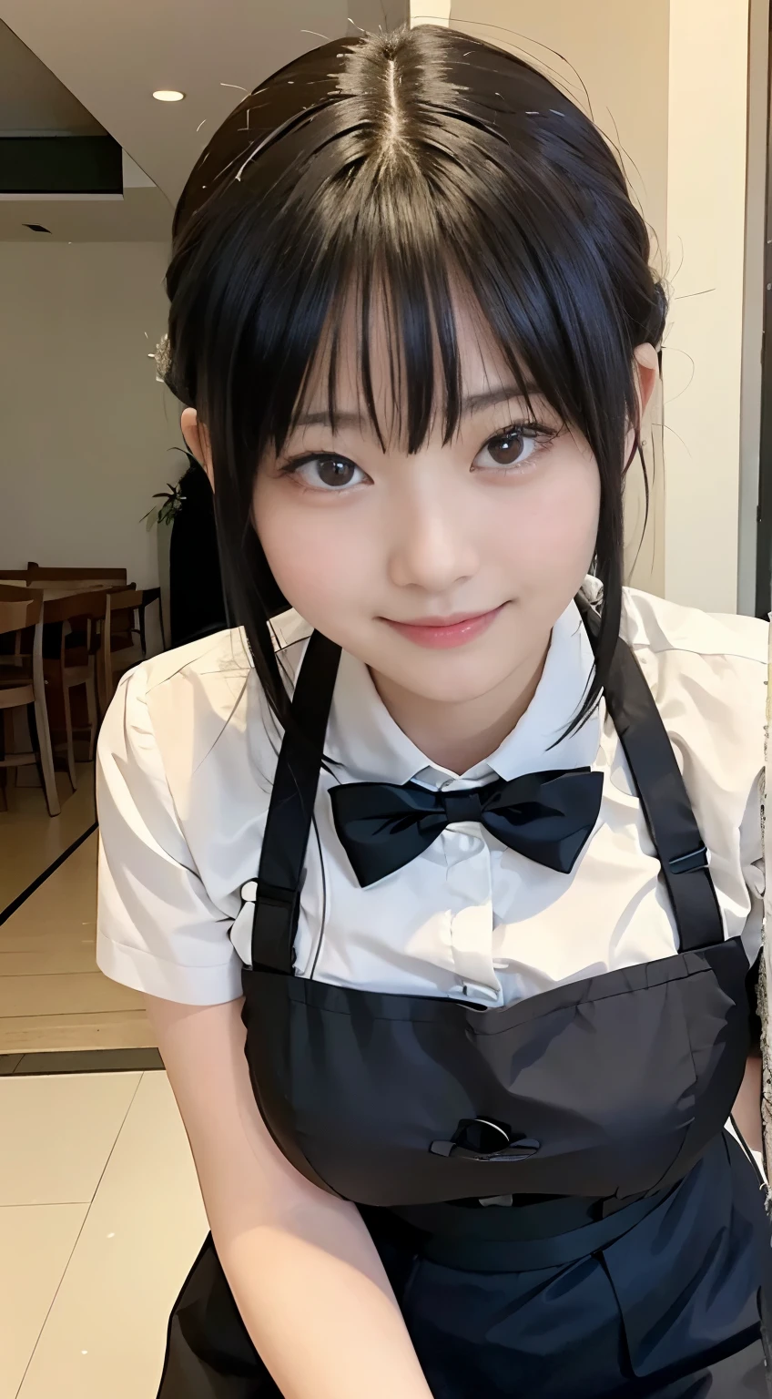 (Highest quality,masterpiece:1.3,Ultra-high resolution,),(Very detailed,Caustics),(Realistic:1.4,RAW shooting,)Ultra-Realistic Capture,Very detailed,High resolution 16K human skin closeup。 Natural skin texture、,pores、、、、It must be detailed enough to be easily identifiable。 Skin tone is even and healthy looking。 Use natural light and color,restaurant,Waitress Uniform,1 person,Japanese,18-year-old,cute,Black-haired,ponytail,Big Breasts,smile,Turn your body forward,(Front view:1.1),Looking into the camera,Cowboy Shot,