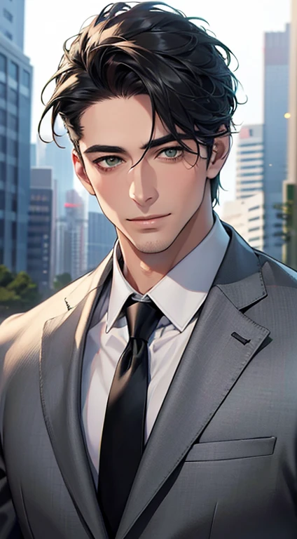 (Highest quality,4K,8K,High resolution,masterpiece:1.2),Super detailed,(Realistic,photoRealistic,photo-Realistic:1.37),1 person,34 years old,Mature Men,Beautiful skin、very handsome,Expressionless smile in love,Short gray Black hair,green eyes,Sharp Eyes,A perfect face without a doubt,Businessman, CEO, Office Background,Cinema Lighting,HDR image,tie、