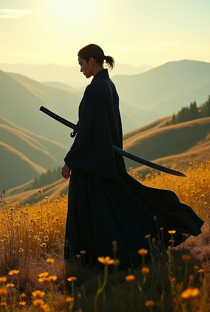 Dark character with a charismatic katana from behind has a beautiful landscape 