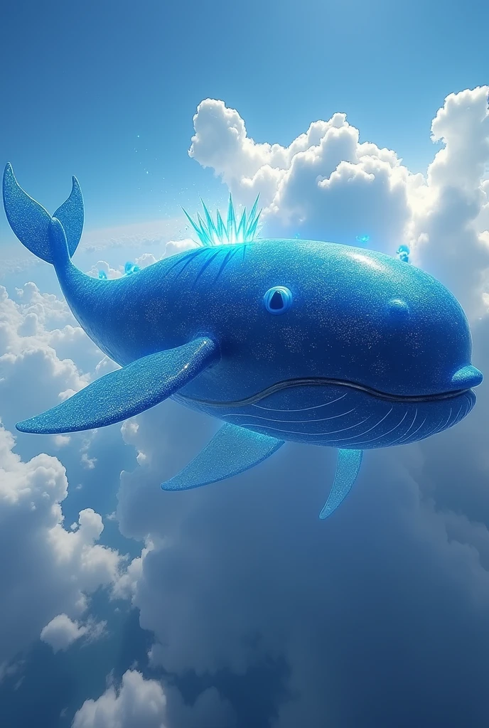 Aetherwal is a gigantic blue whale, approximately 100 feet long, but instead of swimming across the seas, she swims through the skies. Your skin is a deep blue, almost like the night sky itself, dotted with bright patterns that resemble constellations. Its dorsal and caudal fins are translucent., glowing with a soft light that leaves a luminous trail as it flies.
Your eyes are huge, shining with a serene white light, transmitting ancient wisdom. in your head, a crown-shaped crystalline protuberance shines, emanating a powerful magical energy. A boca of Aetherwal é vasta e quando aberta, reveals a pitch-black portal, that seems to pull everything around it into endless darkness.
nas "hands" (pectoral fins) of Aetherwal, she carries the power of gravity and magnetism. When she descends towards the earth, the ground bends and cracks beneath your approach, as if the earth itself were welcoming his return.