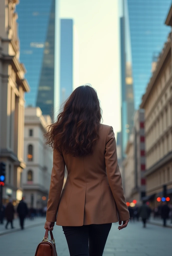 A Brazilian female journalist with long wavy brown hair, fancy bag and blazer in london looking at the skyline looking like she's walking, photo by full body