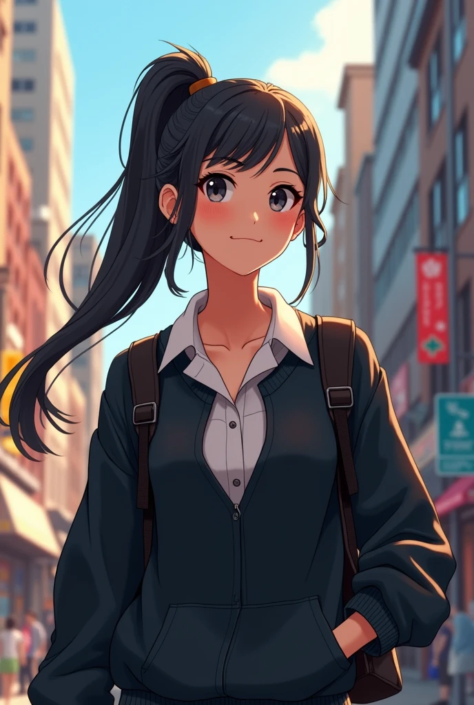 Animated image of a white woman With long, straight black hair wearing a ponytail With small eyes Wearing a black sports backpack and a white shirt with a collar Wearing a black sweatshirt with an opening
