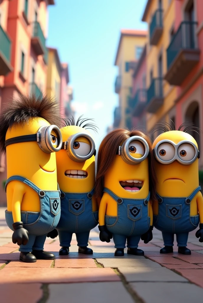Four muscular minion, one with short, messy dark brown hair, another with long wavy brown hair, another with long straight brown hair and another with long black brown hair. That they are super muscular and have a big ass