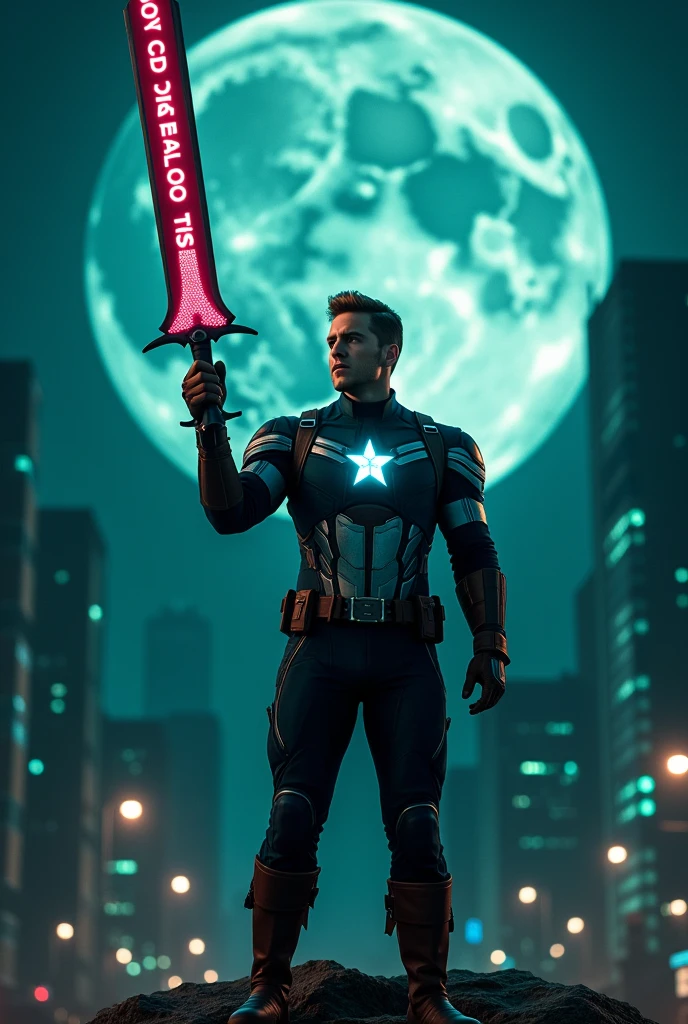 Captain America standard in dark night wearing a dark black suit with neon light holding a sword on which written you can do this wallpaper 4k