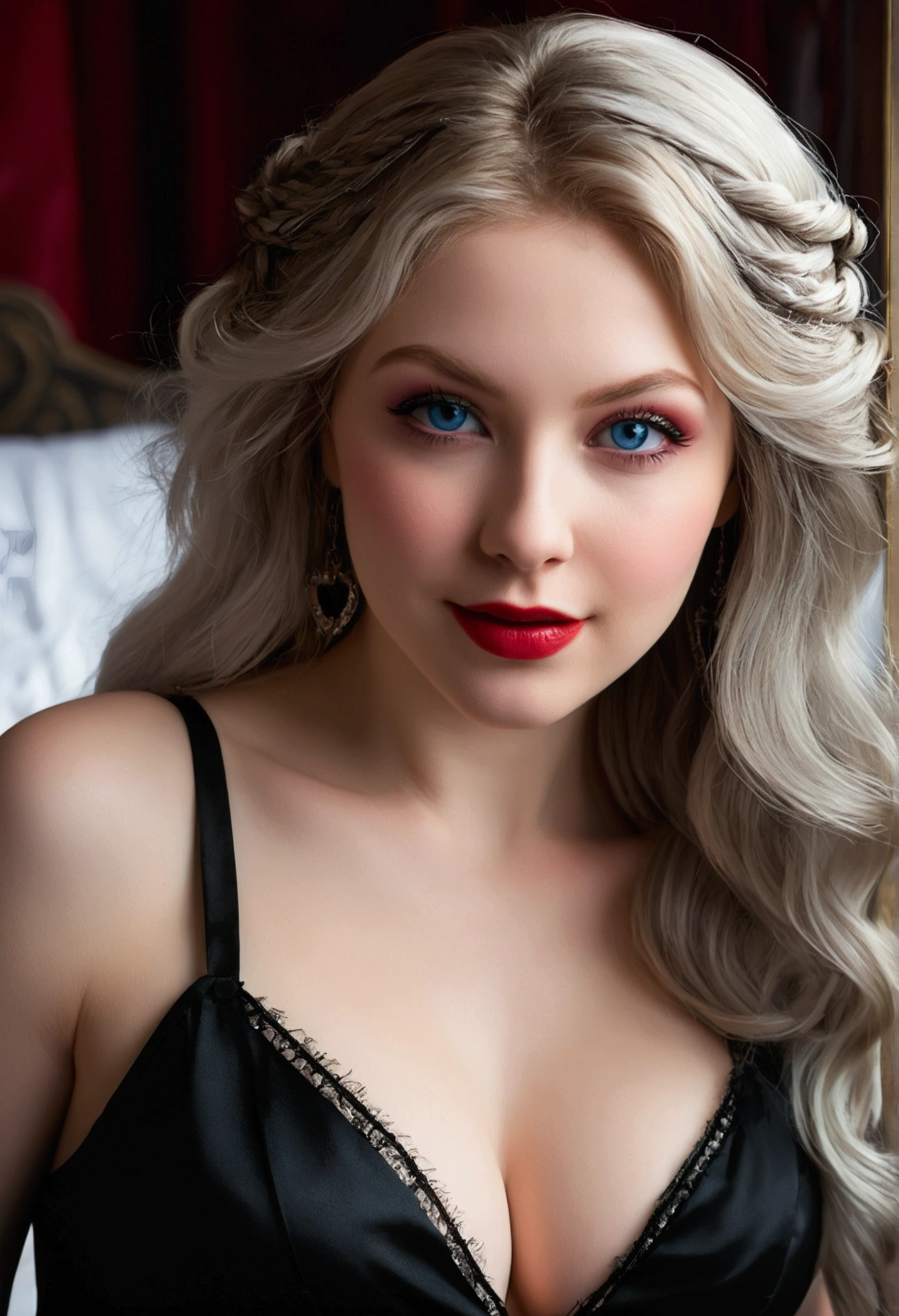 (Best Quality, Ultra details, photorrealistic: 1.39), Face of 29 year old naughty teenager., beautiful woman, (saccharine), pale white skin, red cheek, blush, bright and vibrant colors, studio lighting, romantic expression, Perfect big breasts, Shoulder straps, plunging neckline, During, (black dress), luxurious dress, clavicle, collar, luxurious, (beautiful round breasts:1.2), (thigh view), hair blowing in the wind, brightly colored, dynamic lighting, ((detailed face)), Long silver hair, fringes laterais, fringe, wavy fur, (wire braids), hair clips, hair over eyes, blue eyes, attractive eyes, bright lips, pose sexy, beautiful roses, smiling with confidence and seduction, posing for a professional photo shoot, shallow depth of field, soft natural lighting, creating a dreamy and magical atmosphere, vampire, Gothic, in bed, dark castle