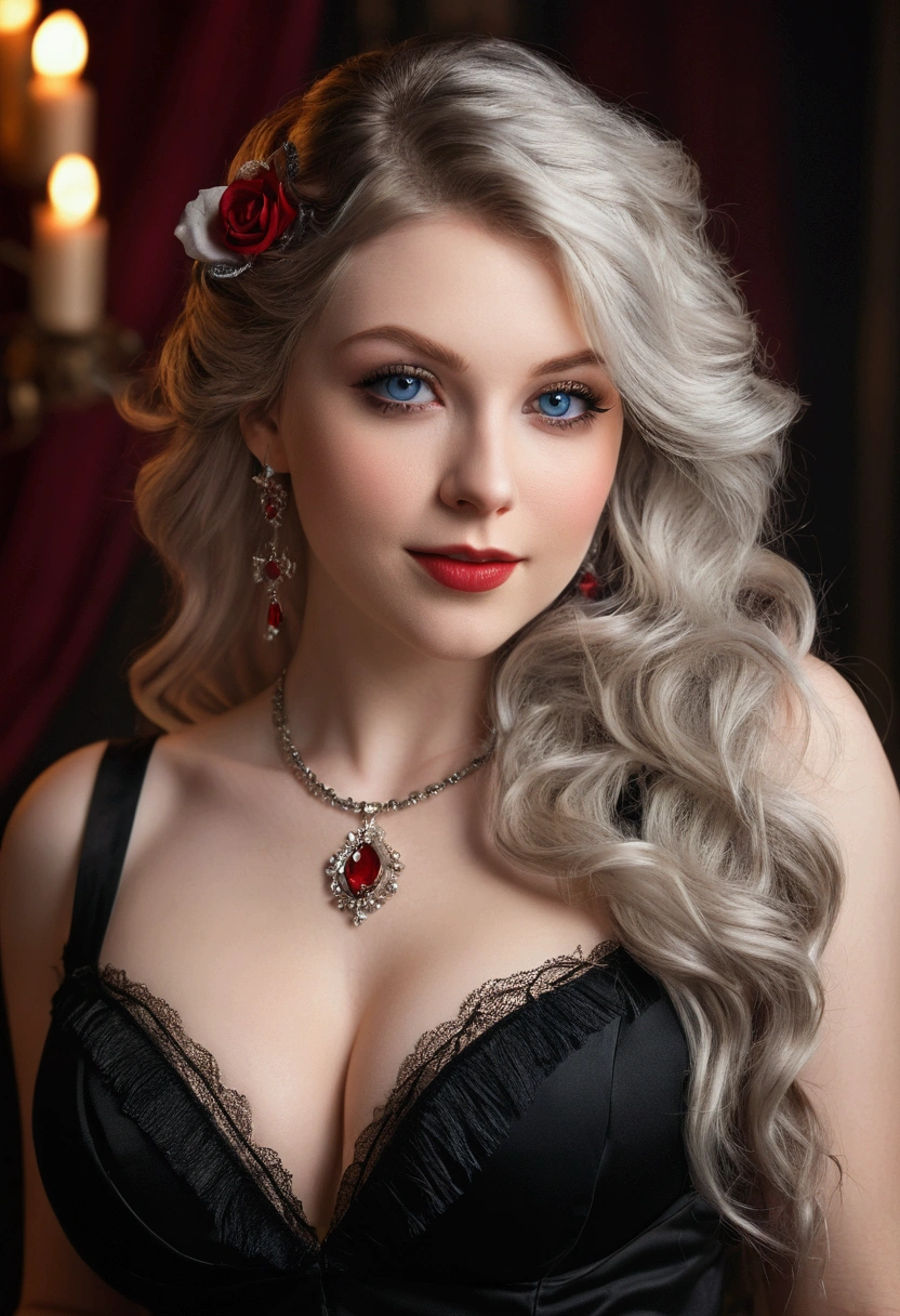 (Best Quality, Ultra details, photorrealistic: 1.39), Face of 29 year old naughty ager., beautiful woman, (saccharine), pale white skin, red cheek, blush, bright and vibrant colors, studio lighting, romantic expression, Perfect big breasts, Shoulder straps, plunging neckline, During, (black dress), luxurious dress, clavicle, collar, luxurious, (beautiful round breasts:1.2), (thigh view), hair blowing in the wind, brightly colored, dynamic lighting, ((detailed face)), Long silver hair, fringes laterais, fringe, wavy fur, (wire braids), hair clips, hair over eyes, blue eyes, attractive eyes, bright lips, pose sexy, beautiful roses, smiling with confidence and seduction, posing for a professional photo shoot, shallow depth of field, soft natural lighting, creating a dreamy and magical atmosphere, vampire, Gothic, in bed, dark castle
