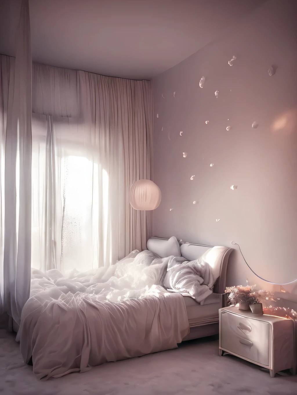 a dreamy bedroom, foggy, soft focus, cool lighting, muted pastel colors, glowing atmosphere, dramatic shadows, cinematic composition, dream-like quality, ethereal, romantic, soft focus photography, golden hour, midnight, windy, white marble, whimsical, hazy, ethereal