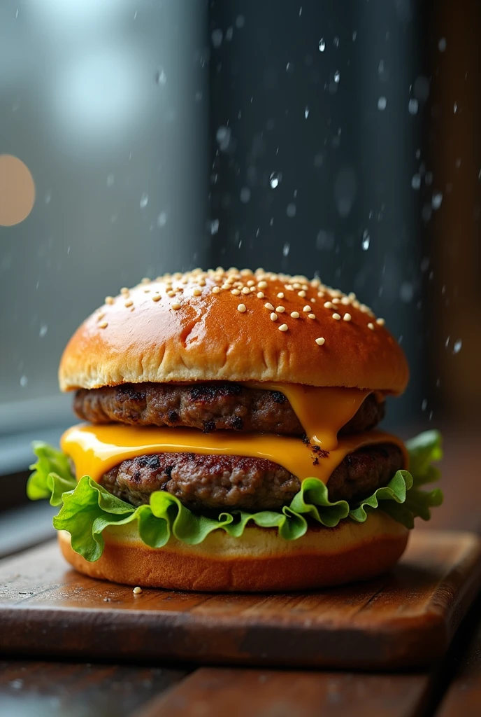 A very realistic burger without pickles or sesame seeds on top, for sale in.LnF.rainy and cold day, to put on insta stories