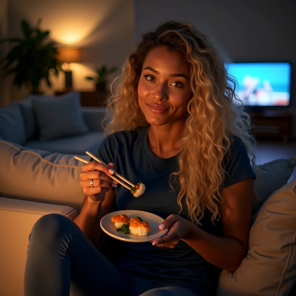 Very long Curly hair blond, Toffee color skin, beautiful caribean toffee mixed girl with long blond curly hair and extremely detailled clear yellow eyes , take a selfie, A pretty woman eats sushi in front of the television sitting on the nude sofa in her living room, she wears a dark blue T-shirt and a dark blue leggings, night