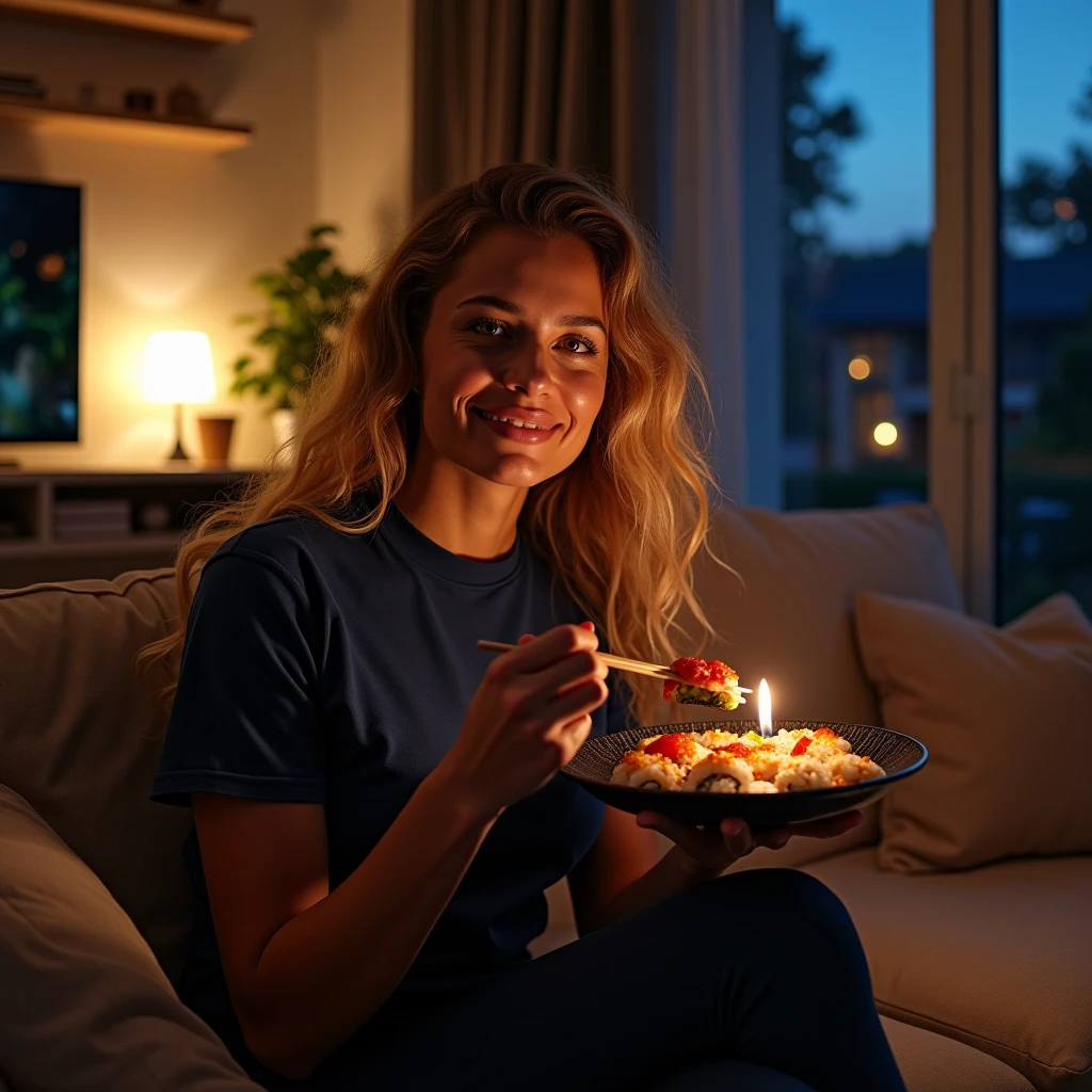 Very long Curly hair blond, Toffee color skin, beautiful caribean toffee mixed girl with long blond curly hair and extremely detailled clear yellow eyes , take a selfie, A pretty woman eats sushi in front of the television sitting on the nude sofa in her living room, she wears a dark blue T-shirt and a dark blue leggings, night