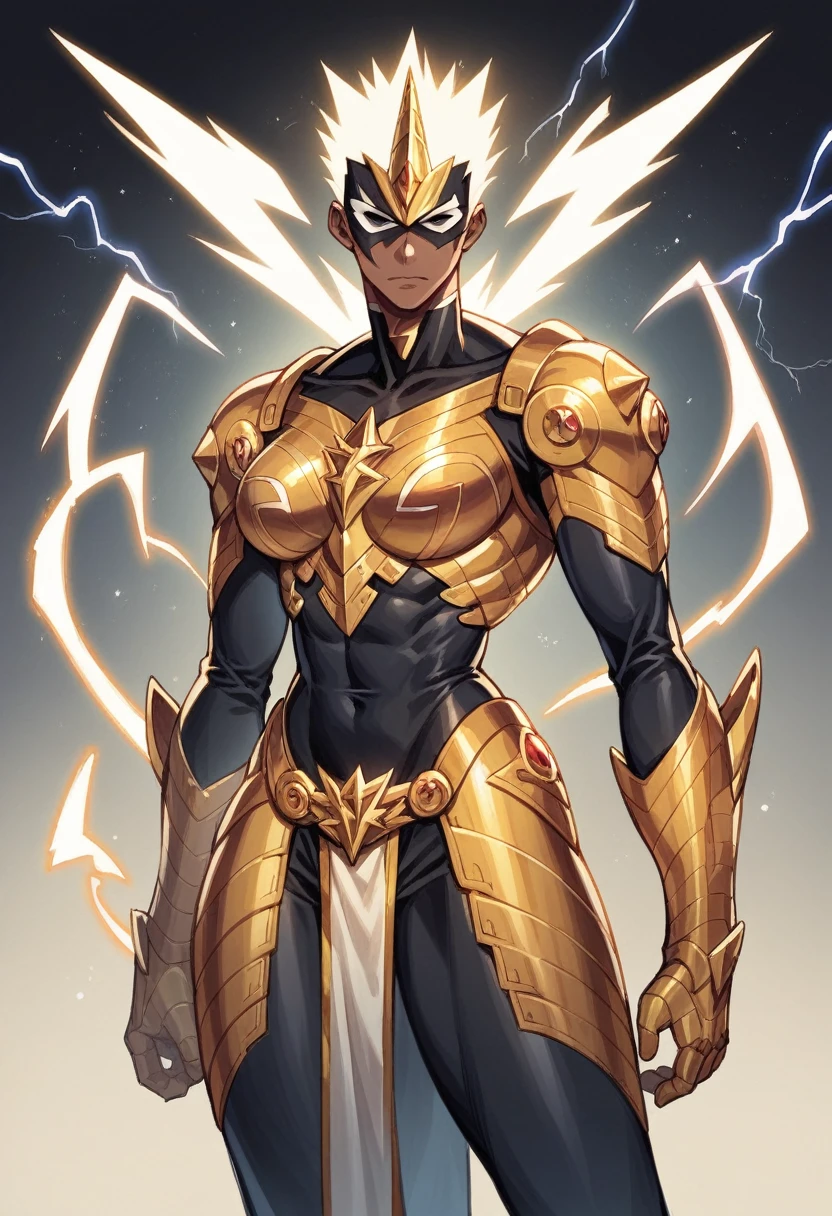 a woman in a black and gold costume, black girl super hero, darkpowerful elegant, black lightning, black and golden armor, black and gold armor, afrofuturism, dark skin female goddess of love, marvelous, afrofuturistic, fullbody, corpo inteiro