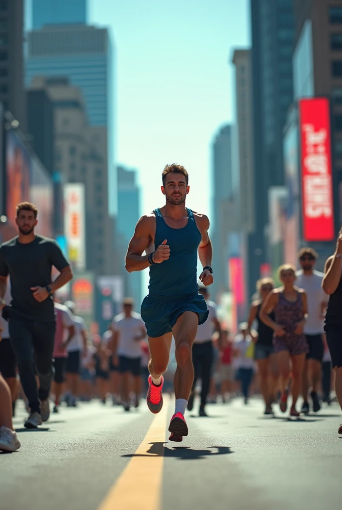 create a man running as if he were in a busy routine and in need of an energy drink.