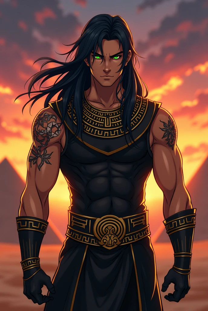 Male anime character human face with intense eyes, long blue hair, skin tanned, mistic tattoos, and modernized Egyptian costumes with gold or black armor.