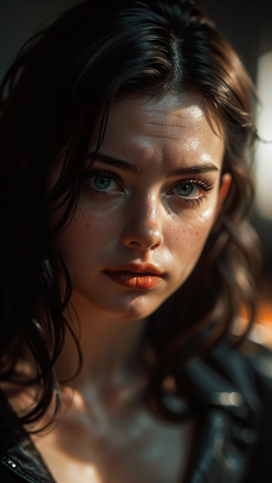 (((ultra realistic))) Photo, masterpiece, top quality, (pale skin), (Ultra detailed face and eyes:1.2), Bright eyes, 1 girl, orange bra, gloomy atmosphere, Dark background, (Eye makeup, mascara) , ((Dark wavy hair)) , ((Stylish hairstyle)) , (Natural breasts), (A slight smile), ((Posing)), photoshoot, studio (Contour lighting), (The play of light and shadows), depth of field, bokeh, (special attention to skin detail: 1.2), Detailed leather texture, skin pores, ((Dark and gloomy atmosphere frame. color scheme - black, Gray, Ashen, orange tones)), ((Film grain, VHS effect)), ((rays)) , ((waist up portrait, close to the camera)) , ultra detialed, ((muscular arms))