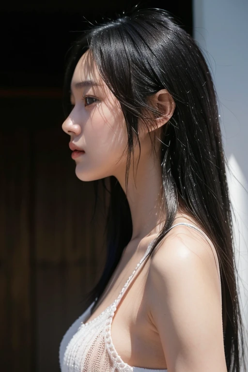 (A 20-year-old Japanese slender beautiful girl), (Small breasts:1.5,)solo, (masterpiece, High resolution, High detail, Highest quality, Very detailed, Ultra high definition, Textured skin,Reality), ((Ray Tracing,Portrait Photography)), Cinematic light effects,Light from an angle, ((realism)), ((Surrealism)),8k octane, ((Natural Makeup)),Aperture value F1.8, (((Black Hair, Shiny Hair, One medium length hair))),((Profile photo,Knitted sleeveless))