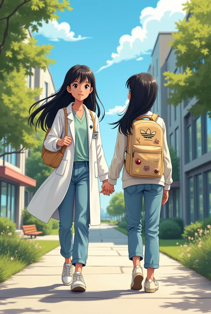 Believe me, a cartoon girl dressed as a doctor walking horizontally to the right and behind her a girl studying with light jeans and a white sweater, cream Adidas sneakers and a cream backpack with chocolate , both with these characteristics: straight black hair, brownish skin.
That the two girls are equal in physical fractions Fund in a university