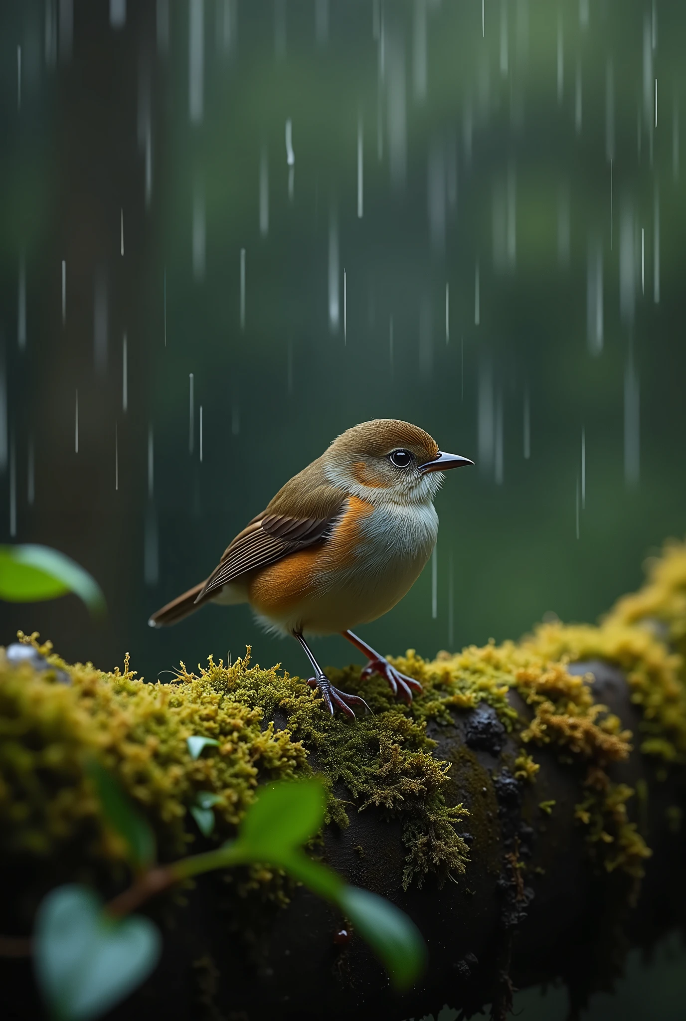  A small bird perched on a branch, rain falling softly, everything around covered in moss, captured with a professional camera. The scene is tranquil and serene, with earthy tones of greens and browns. The bird’s delicate feathers are detailed, and raindrops gently fall, creating a soft, diffused light. The branch and surrounding area are richly textured with lush moss, adding to the natural and slightly melancholic atmosphere. Dark forest in background 200mm lens, f/4 aperture, ISO 800, shutter speed 1/500s, white balance set to cloudy. 