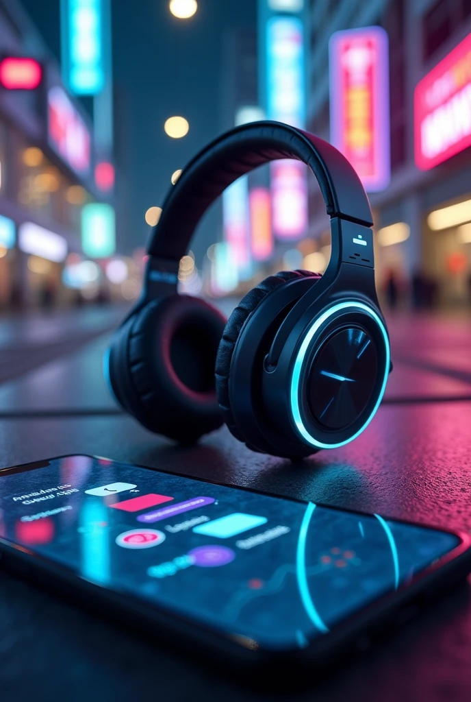 A somewhat futuristic little pair of headphones with a phone and an app called "Emotraslator"