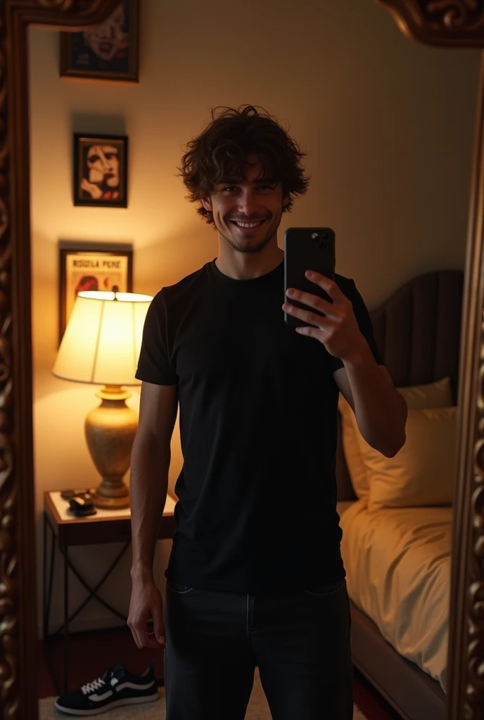 Homme  sexy de 20ans selfie assis devant le miroir (il est 1h00 du matin)