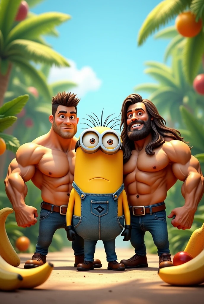 FOUR minioms that are MUSCULAR, one with short, messy dark brown hair, another with long wavy brown hair, another with long straight brown hair and another with long black brown hair. That they are super muscular and have a big ass