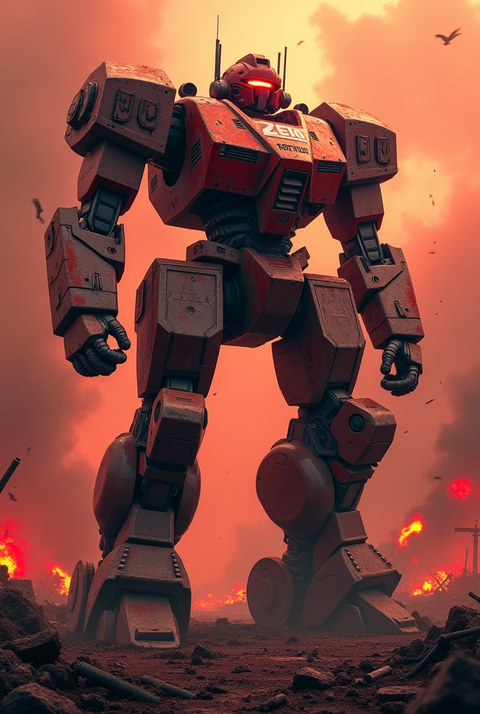 A war robot with 2ZERO written on its chest and is at war