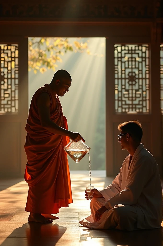 Make a realistic image of a Buddhist human holding a two-liter jug of water and filling a glass from that jug and water spilling out of the glass., that he is in a temple with a scientist sitting in front of him 