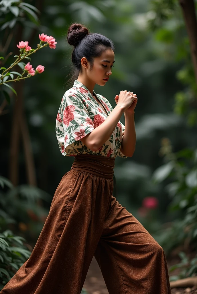 dynamic wide view, an image of a photogenic woman, hair in a bun, wearing a intricate floral kebaya, wearing a brown batik sarong, wide hip, dynamic pose, fighting stance, dark garden background, realistic image