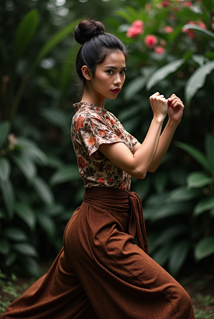 dynamic wide view, an image of a photogenic woman, hair in a bun, wearing a intricate floral kebaya, wearing a brown batik sarong, wide hip, dynamic pose, fighting stance, dark garden background, realistic image