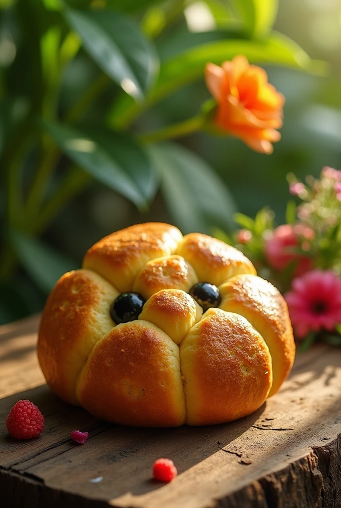 A Brazilian cheese bread with black cockatoo eyes