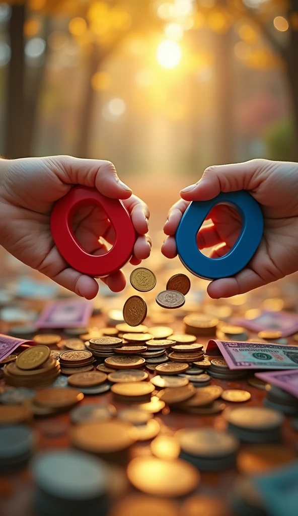Hands holding magnets attracting coins and money bills