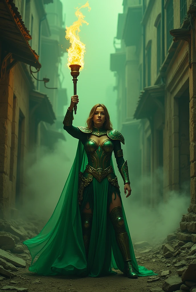 a woman in green armor illuminating a very dark city with a torch of light