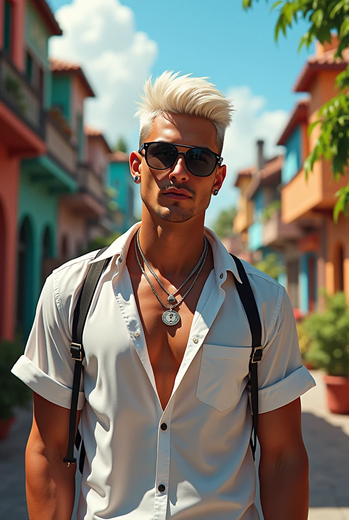 lifelike,(The Masterpiece,Top quality,best qulity,officlal art),greatly detailed,Colorful,Most detailed,god,shorter hair,white color hair,Handsome man,gargantilha,short sleeve,outskirts,sunglasses