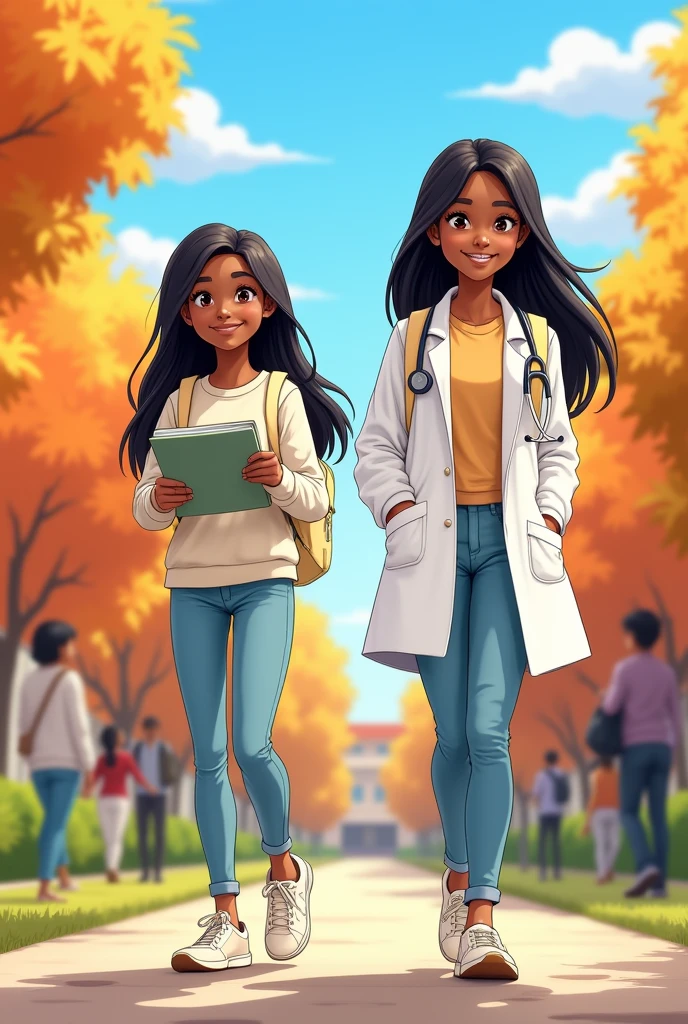 Believe me, a cartoon girl dressed as a doctor walking horizontally to the right and behind her a girl studying with light jeans and a white sweater, cream Adidas sneakers and a cream backpack with chocolate , both with these characteristics: straight black hair, brownish skin.
That the two girls are equal in physical fractions Fund in a university