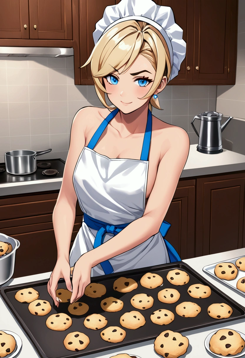 Mercy Overwatch blue eyes, naked, apron, baking cookies, happy, flush, frown