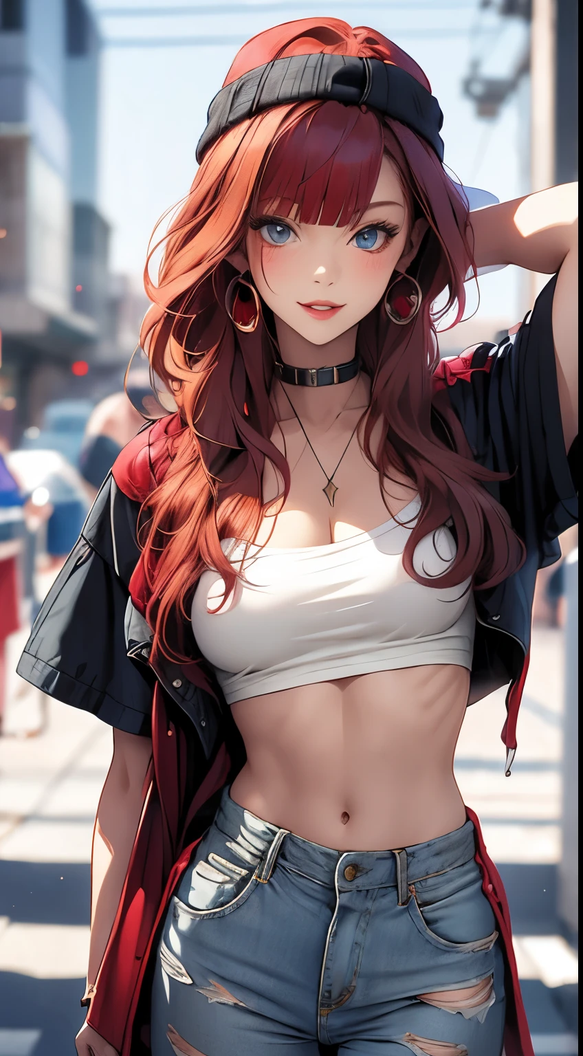masterpiece, highest quality, pixiv, cooles Girl, the strongest pirate girl, topless, Lips in love, red hair, curly red hair, blunt bangs, straight bangs, gray eyes, White skin, Girl, improve,look at the viewer, smile,