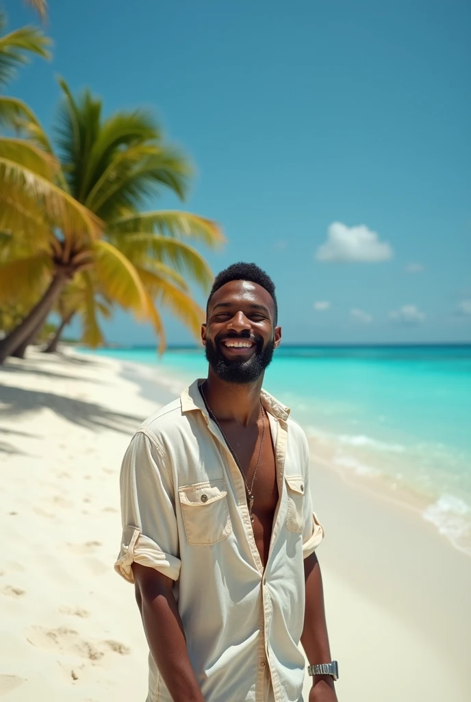 create an image of a happy person on the Caribbean beach, I need him to be an adult man, with a beard, wearing light clothes, suitable for use on the beach, he is happy, the scenery in the background is stunning, and inviting for tourists, the day It's beautiful for a beach break, the sea water is very clean and transparent, crystal clear., mullet, glowing eyes, Minimalism, pov, wide shot, perspective, Nikon, drop shadow, UHD, super detail, best quality, highres, high quality