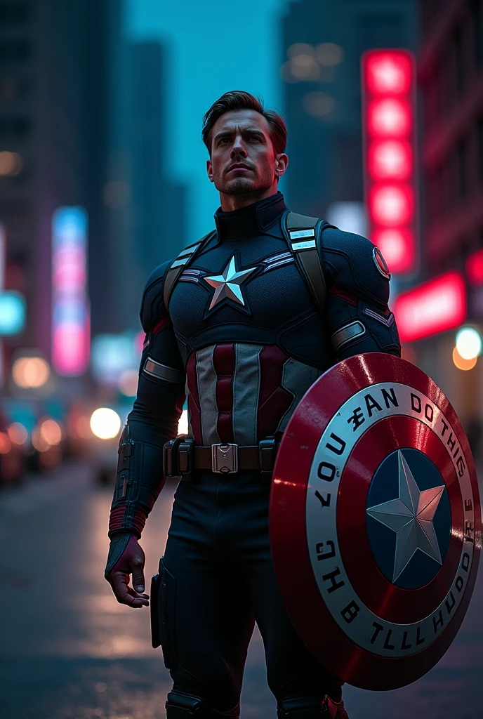 Captain America standing in dark night wearing a dark black suit with neon light holding a shield on which written you can do this all day wallpaper 4k