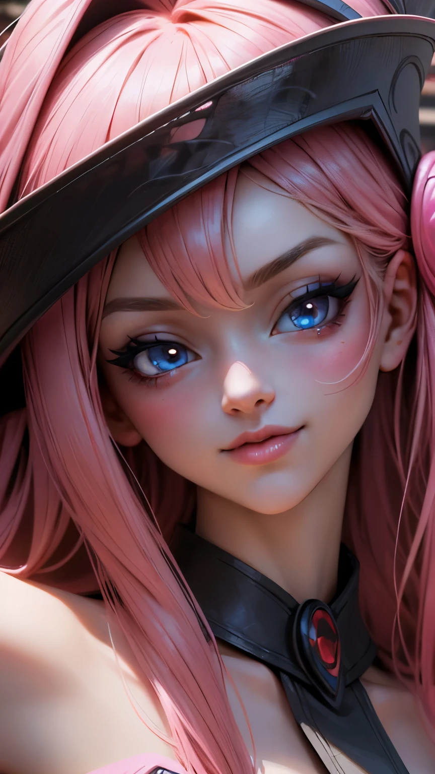 Shot of the beautiful face of dark wizard gils. Extra long eyelashes. blue eyes like crystal. brio in the eyes. pink lips. long blonde hair. exposed shoulders, angelic smile, beautiful well detailed face of the dark wizards gils. She is flirtatious with the viewer. Long and big eyelashes. Half body focus.