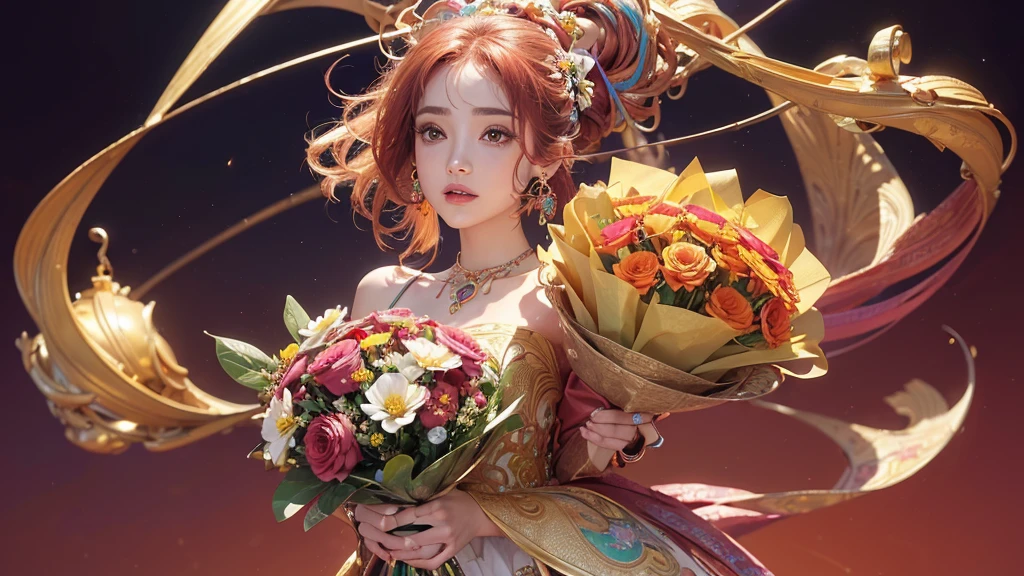 32K, 最高quality, 最高masterpiece, (ultra-Detailed Background, Detailed Background), High resolution, Super detailed, Very detailedな, 1 personの, (bouquet:1.3), (Tangled:1.2), (Geometric:1.2),(colorful),(masterpiece, quality, best quality, Official Art, Beautiful and beautiful:1.2), (1 person:1.3), Very detailed,(colorful:1.1)(Flowers:1.3),Most detailed,(Tangled:1.2), whole body, (Abstract background:1.3), (Skin glows), (Many colors:1.4), ,(Earrings Jewelry:1.5), Pale Red Background, It's imaginative., Milk tea colored hair, Updo,