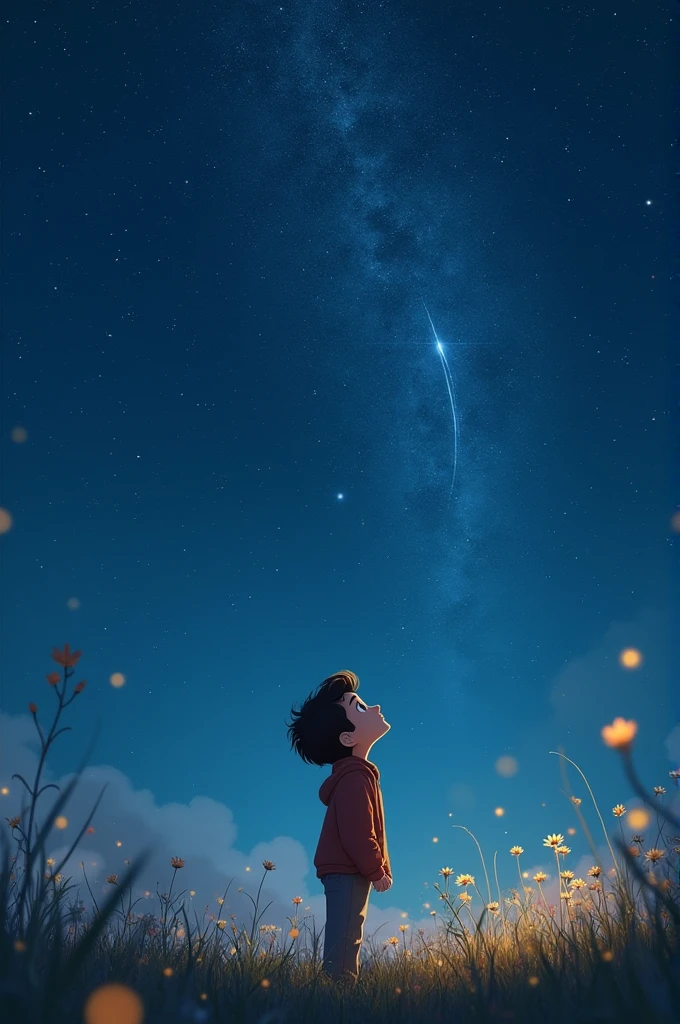 I create an image of the following scene:That night, while Thomas looks at the sky, see a shooting star crossing the sky. "It&#39;s my mom", think, and close your eyes to make a wish: May he always remember the happy moments he lived with her and may the sadness be a little more bearable every day..
