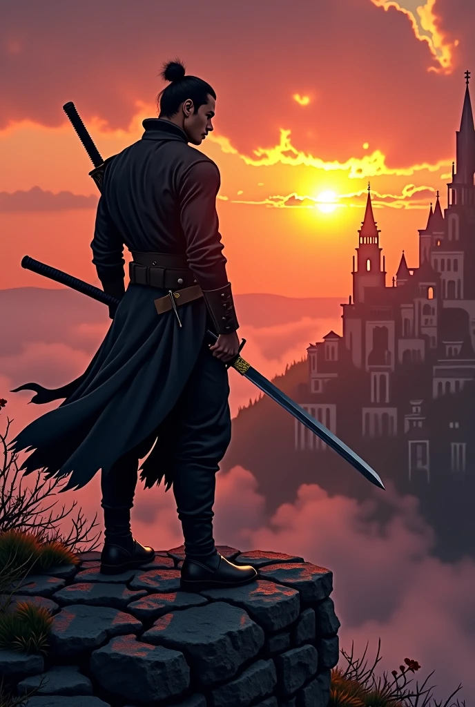 Dark charismatic man with a catana looking at an ancient city in front of a sunset